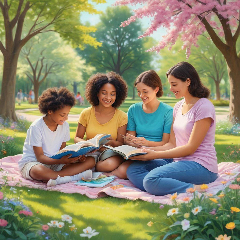 A warm and inviting scene depicting a diverse group of mothers, each engaged in different activities, such as caregiving, reading, and enjoying nature together, surrounded by playful children. The background includes soft pastel colors of a park with trees and flowers, symbolizing growth and support. Include subtle elements like books and nurturing symbols to emphasize resources and community. Illustrate a sense of togetherness and happiness. super-realistic. vibrant colors.