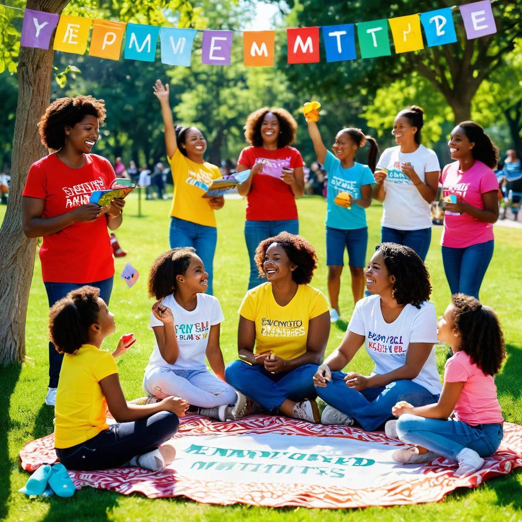 A vibrant scene of diverse mothers engaging in joyful activities with their children in a sunny park, surrounded by supportive friends sharing advice and laughter. Incorporate elements of community, like a small group discussing parenting tips and a colorful banner that reads 'Empowered Mothers Unite'. Bright, warm colors to evoke happiness and togetherness. super-realistic. vibrant colors. sunny day.