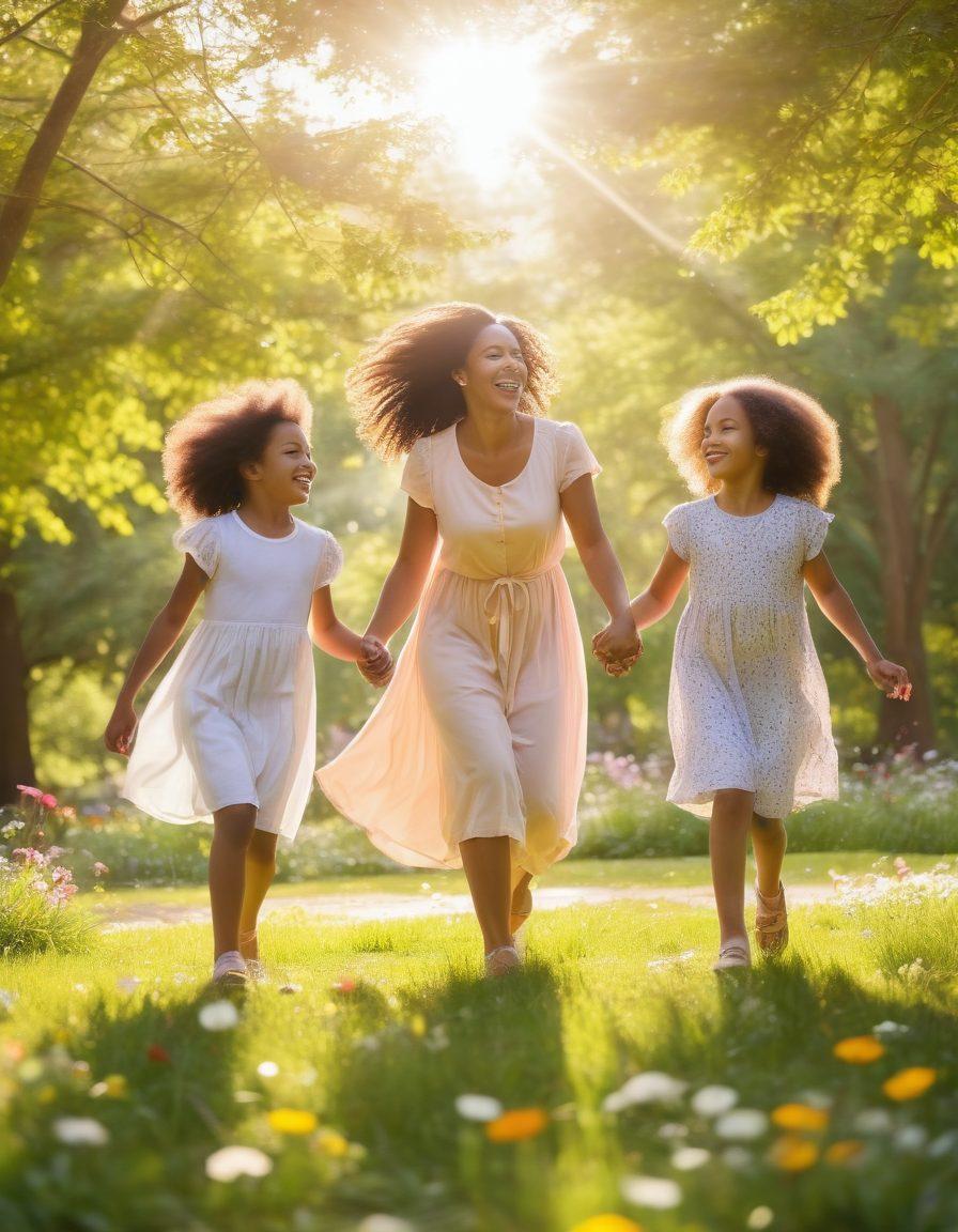 A serene scene depicting a diverse group of empowered mothers engaged in joyful activities with their children in a sunlit park. They are sharing knowledge, laughter, and nurturing moments, symbolizing positive parenting and happiness. The background features blooming flowers, birds in flight, and rays of sunshine illuminating the scene, creating an uplifting atmosphere. vibrant colors. soft focus. nature-inspired.